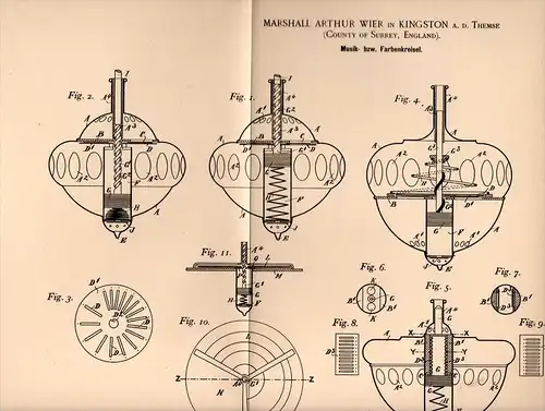 Original Patentschrift - M. Wier in Kingston a.d. Themse , 1895 , Musik - Kreisel , rotary , gyroskop , rotary !!!