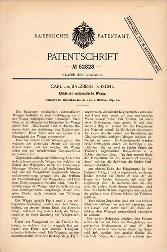 Original Patentschrift - Carl von Balzberg in Ischl , 1894 , elektrisch - automatische Waage , Bad Ischl !!!