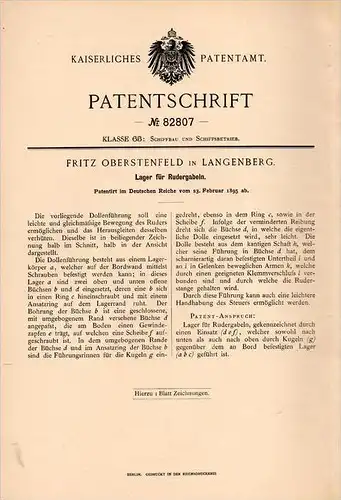 Original Patentschrift -  Fritz Oberstenfeld in Langenberg , 1895 , Lager für Rudergabeln , Ruder , Ruderboot , Boot !!!