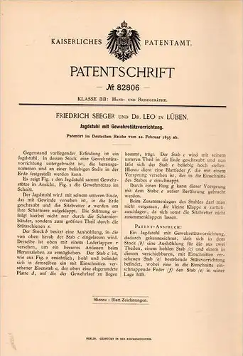 Original Patentschrift - F. Seeger und Dr. Leo in Lüben / Lubin i. Schl., 1895, Jagstuhl , Jagd , Kanzel , Jäger !!!
