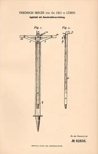 Original Patentschrift - F. Seeger und Dr. Leo in Lüben / Lubin i. Schl., 1895, Jagstuhl , Jagd , Kanzel , Jäger !!!