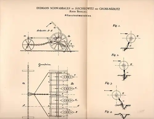 Original Patentschrift - E. Schwabbauer in Jäschkowitz b. Groß Nädlitz , 1892 , Pflanzlochmaschine ,  Nadolice Wielkie