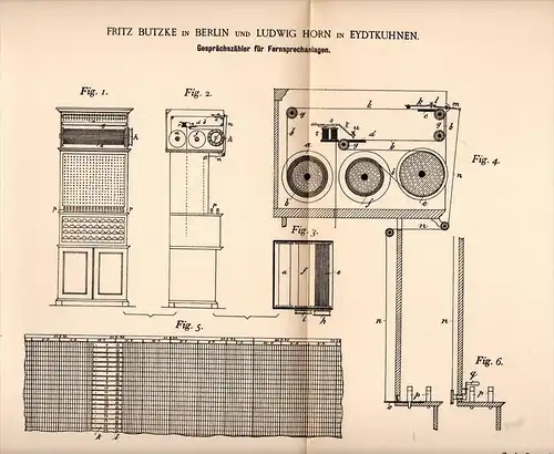 Original Patentschrift -L.  Horn in Eydtkuhnen /  Eydtkau i. Ostpr., 1892, Fernsprecher mit Zähler , F. Butzke in Berlin