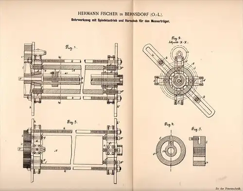 Original Patentschrift - Hermann Fischer in Bernsdorf , O.-L.,1892, Bohrwerkzeug mit Spindelantrieb , Metallbau , Bohrer