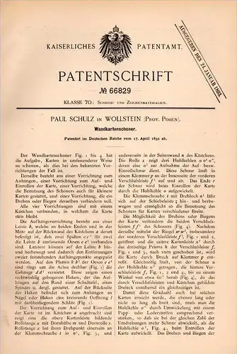 Original Patentschrift - Paul Schulz in Wollstein / Wolsztyn i. Posen , 1892 , Schoner für Wandkarten , Schule !!!
