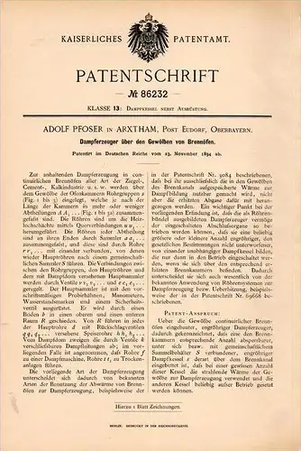 Original Patentschrift - Adolf Pfoser in Arxtham b. Höslwang , 1894 , Dampferzeuger für Brennofen , Cement , Eudorf !