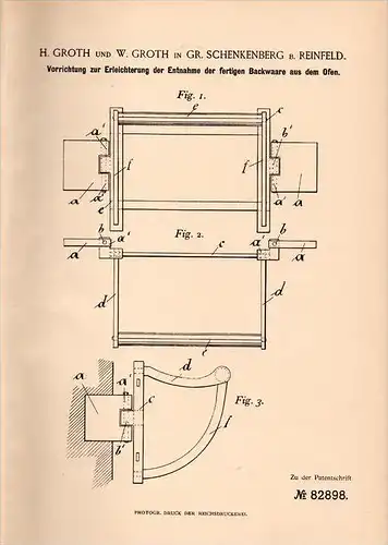 Original Patentschrift - H. Groth in Groß Schenkenberg b. Reinfeld , 1895 , Backofen - Vorrichtung , Bäckerei , Bäcker !