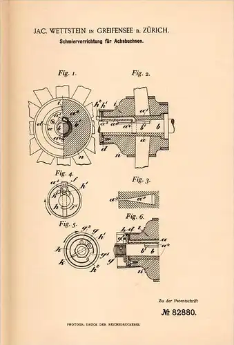 Original Patentschrift - Jac. Wettstein in Greifensee b. Zürich , 1894 , Achsen - Schmierung für Fuhrwerke , Laswagen !!