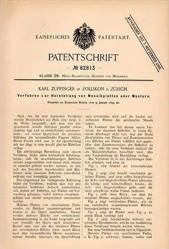 Original Patentschrift - Karl Zuppinger in Zollikon b. Zürich , 1895 , Mosaik - Plattenherstellung , Prisma , Muster !!!