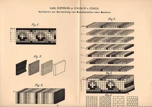 Original Patentschrift - Karl Zuppinger in Zollikon b. Zürich , 1895 , Mosaik - Plattenherstellung , Prisma , Muster !!!