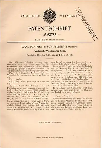 Original Patentschrift -Carl Schimke in Schivelbein / &#346;widwin ,1891, Rauchdichter Verschluß für Ofen , Heizung , Po