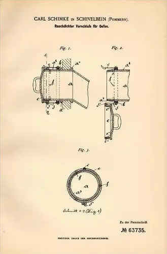 Original Patentschrift -Carl Schimke in Schivelbein / &#346;widwin ,1891, Rauchdichter Verschluß für Ofen , Heizung , Po