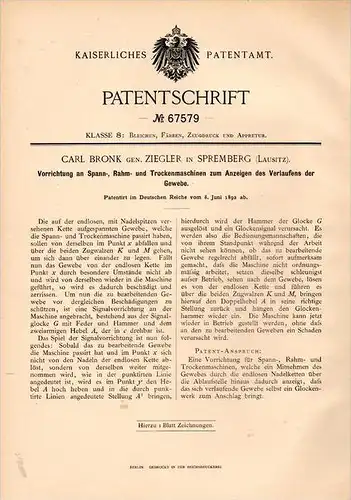 Original Patentschrift -  Carl Bronk in Spremberg , 1892 , Apparat für Trockenmaschine , Gewebe , Textilien !!!