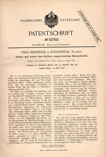 Original Patentschrift - Theo Meinhold in Klingenthal i. Sa., 1891 , Zither mit Notenblatt , Musik , Musikinstrument !!!