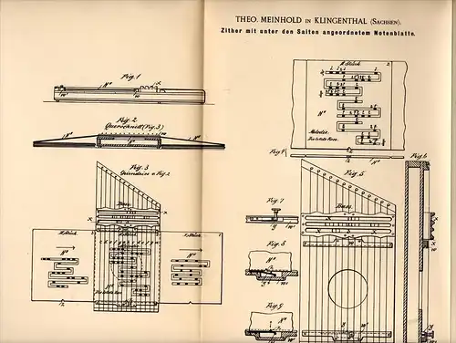 Original Patentschrift - Theo Meinhold in Klingenthal i. Sa., 1891 , Zither mit Notenblatt , Musik , Musikinstrument !!!