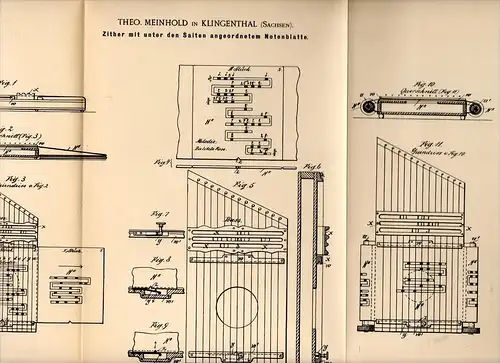 Original Patentschrift - Theo Meinhold in Klingenthal i. Sa., 1891 , Zither mit Notenblatt , Musik , Musikinstrument !!!