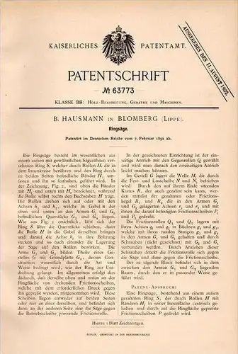 Original Patentschrift - B. Hausmann in Blomberg / Lippe , 1892 , Ringsäge , Sägewerk , Tischlerei , Holz , Forst !!!