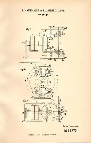 Original Patentschrift - B. Hausmann in Blomberg / Lippe , 1892 , Ringsäge , Sägewerk , Tischlerei , Holz , Forst !!!