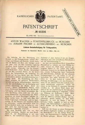 Original Patentschrift - J. Fischer in Althegnenberg b. Mammendorf , 1889 , Bier - Krug , A. Wagner in Fürstenfeldbruck