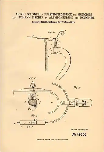Original Patentschrift - J. Fischer in Althegnenberg b. Mammendorf , 1889 , Bier - Krug , A. Wagner in Fürstenfeldbruck