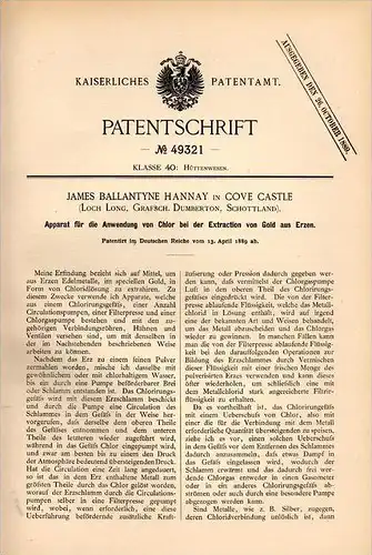 Original Patentschrift - J. Ballantyne Hannay in Cove Castle ,1889,Apparatus for extracting gold from ore , Dumbarton !!