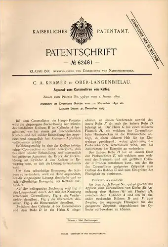 Original Patentschrift - C.A. Kramer in Ober - Langenbielau / Bielawa , 1891 , Kaffee aus Karamell , Latte macchiato !!!