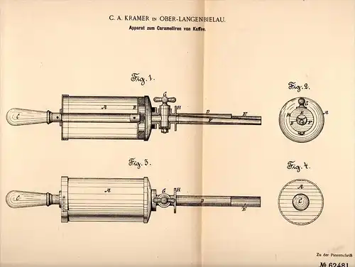 Original Patentschrift - C.A. Kramer in Ober - Langenbielau / Bielawa , 1891 , Kaffee aus Karamell , Latte macchiato !!!
