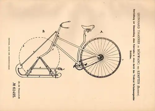 Original Patentschrift - L. Thanner in Börwang b. Haldenwang , 1891 , Fahrrad - Schlitten , bicycle , Kempten !!!