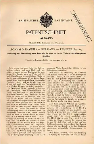 Original Patentschrift - L. Thanner in Börwang b. Haldenwang , 1891 , Fahrrad - Schlitten , bicycle , Kempten !!!