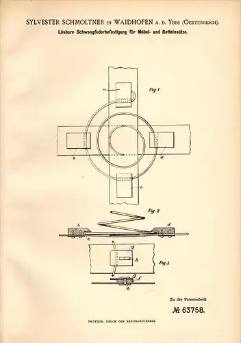Original Patentschrift -  S. Schmoltner in Waidhofen a.d. Ybbs , 1891 , Möbel - Schwungfederbefestigung , Bett !!!