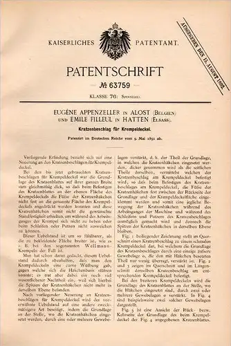 Original Patentschrift - E. Filleul dans Hatten , Elsass , 1891 , Spinning , E. Appenzeller dans Alost / Aalst