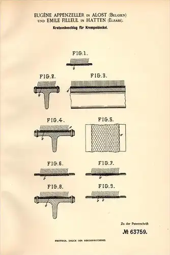 Original Patentschrift - E. Filleul dans Hatten , Elsass , 1891 , Spinning , E. Appenzeller dans Alost / Aalst