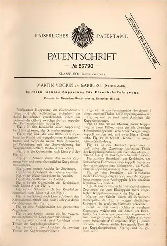 Original Patentschrift - Martin Vogrin in Marburg , Steiermark , 1891 , Kupplung für Eisenbahn , Maribor !!!