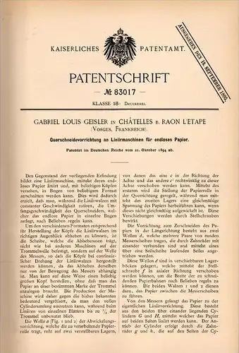 Original Patentschrift -L. Geisler dans Chatelles à Raon-l’Étape , 1894 , Décision machine pour le papier !!