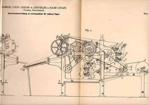 Original Patentschrift -L. Geisler dans Chatelles à Raon-l’Étape , 1894 , Décision machine pour le papier !!