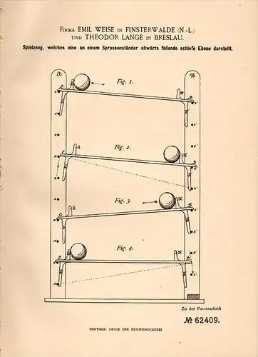 Original Patentschrift - Emil Weise in Finsterwalde , 1891 , Spielzeug mit Sprossen , Th. Lange in Breslau !!!