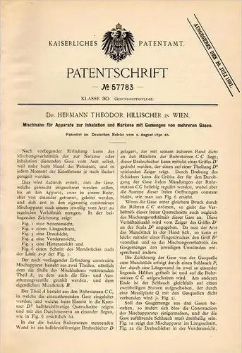 Original Patentschrift- Dr. H. Hillischer in Wien ,1890,Apparat zur Narkose und Inhalation , Arzt , Krankenhaus , Klinik