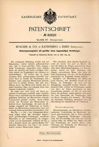 Original Patentschrift - Büscher & Co in Katernberg b. Essen , 1894 , Hintermauerungsstein , Maurer , Bau , Architekt !