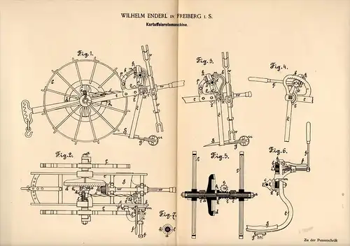 Original Patentschrift - W. Enderl in Freiberg i.S., 1890 , Kartoffel - Erntemaschine , Agrar , Landwirtschaft !!!