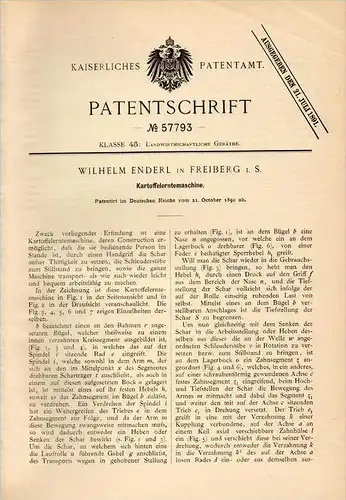 Original Patentschrift - W. Enderl in Freiberg i.S., 1890 , Kartoffel - Erntemaschine , Agrar , Landwirtschaft !!!