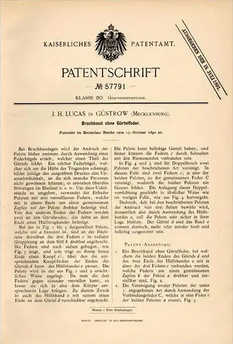 Original Patentschrift - J. H. Lucas in Güstrow i. Mecklenburg , 1890 , Bruchband , Arzt , Operation , Krankenhaus !!!