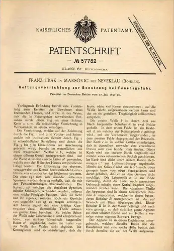 Original Patentschrift -F. Jirák in Marsovic b. Neveklau / Neveklov ,1890,Rettungsapparat bei Feuer, Benešov , Maršovice