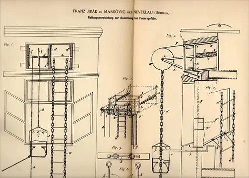 Original Patentschrift -F. Jirák in Marsovic b. Neveklau / Neveklov ,1890,Rettungsapparat bei Feuer, Benešov , Maršovice