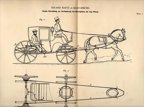 Original Patentschrift - E. Bartz dans Sarreguemines , 1890 , Frein pour le transport, taxi, cheval , Saargemünd !!!