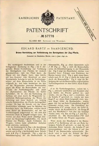 Original Patentschrift - E. Bartz dans Sarreguemines , 1890 , Frein pour le transport, taxi, cheval , Saargemünd !!!