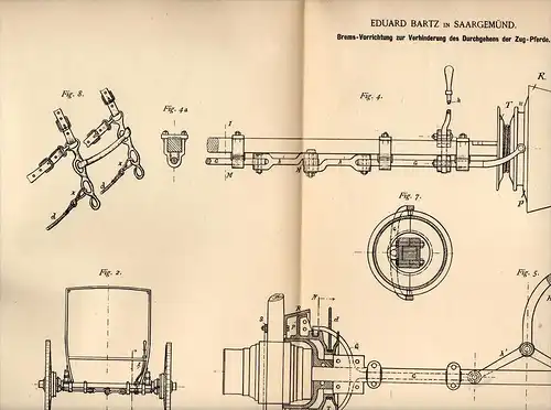 Original Patentschrift - E. Bartz dans Sarreguemines , 1890 , Frein pour le transport, taxi, cheval , Saargemünd !!!