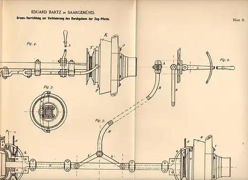Original Patentschrift - E. Bartz dans Sarreguemines , 1890 , Frein pour le transport, taxi, cheval , Saargemünd !!!