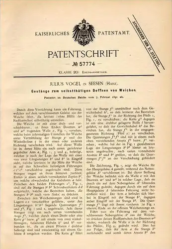 Original Patentschrift - Julius Vogel in Seesen , Harz , 1891 , Apparat für Weiche , Eisenbahn , Gleis !!!