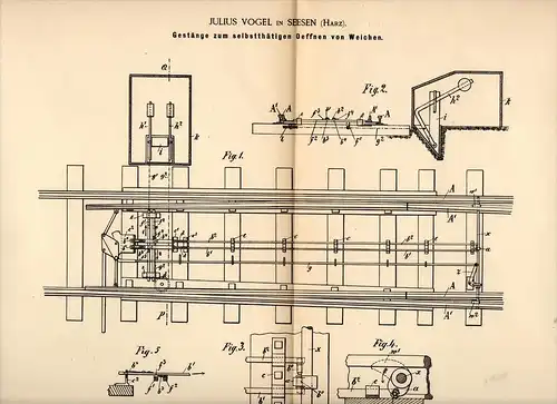 Original Patentschrift - Julius Vogel in Seesen , Harz , 1891 , Apparat für Weiche , Eisenbahn , Gleis !!!