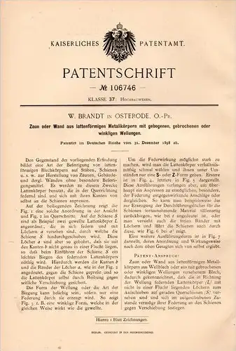 Original Patentschrift - W. Brandt in Osterode / Ostróda i. Ostpreussen , 1898 , Zaun aus Wellen - Metall , Architektur